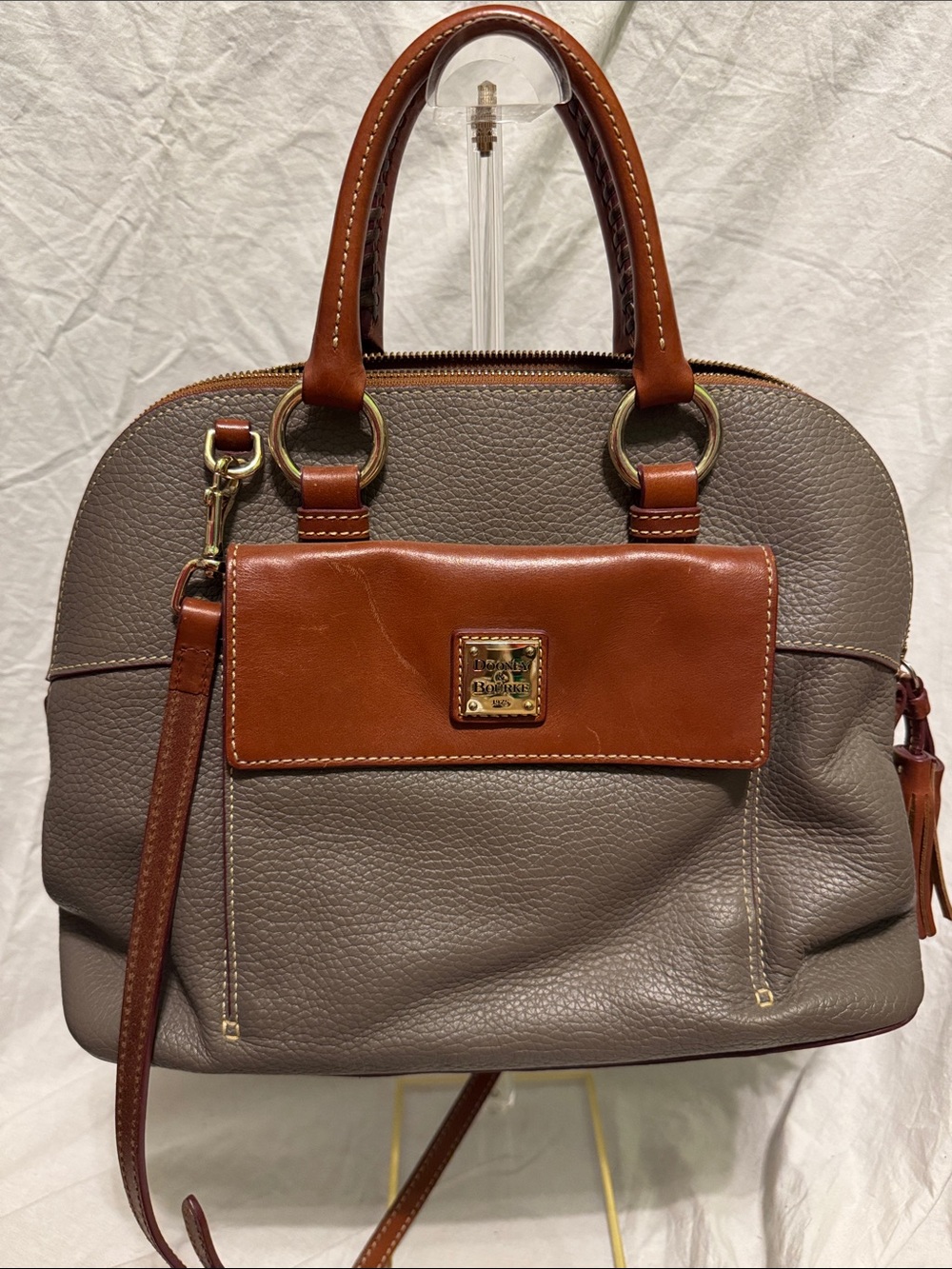 Dooney & Bourke Taupe and Cognac Leather Dome Satchel